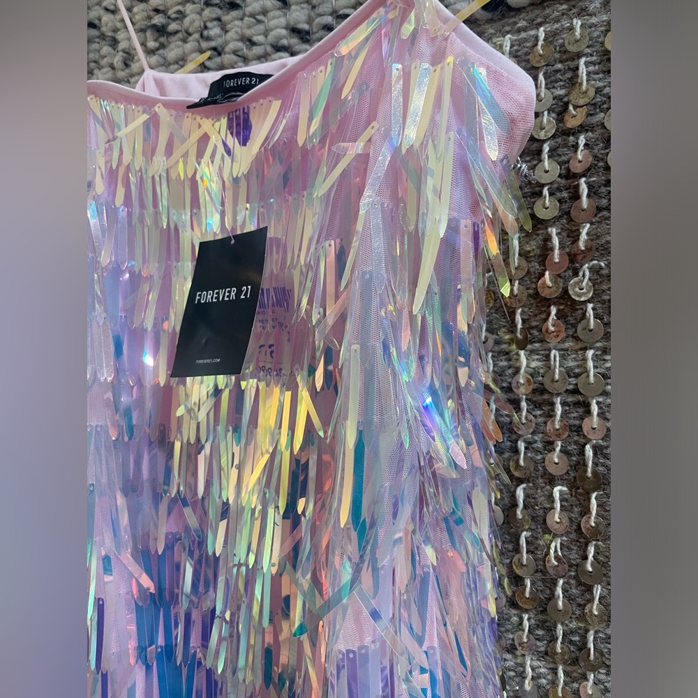 π NWT Forever 21 rainbow hologram AB crystal pink sequin mini dress sz S - Picture 6 of 10